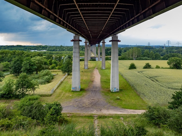 Zdjęcie widok na most i drzewa na tle nieba