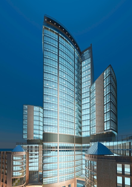 Widok na nowoczesny wieżowiec. Budowa nowoczesnego hotelu w porze nocnej. renderowania 3D.