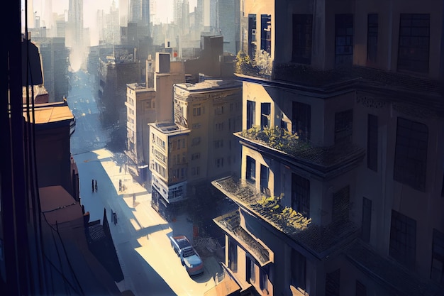 Widok na panoramę miasta z balkonu mieszkania z przebłyskiem tętniącej życiem ulicy poniżej