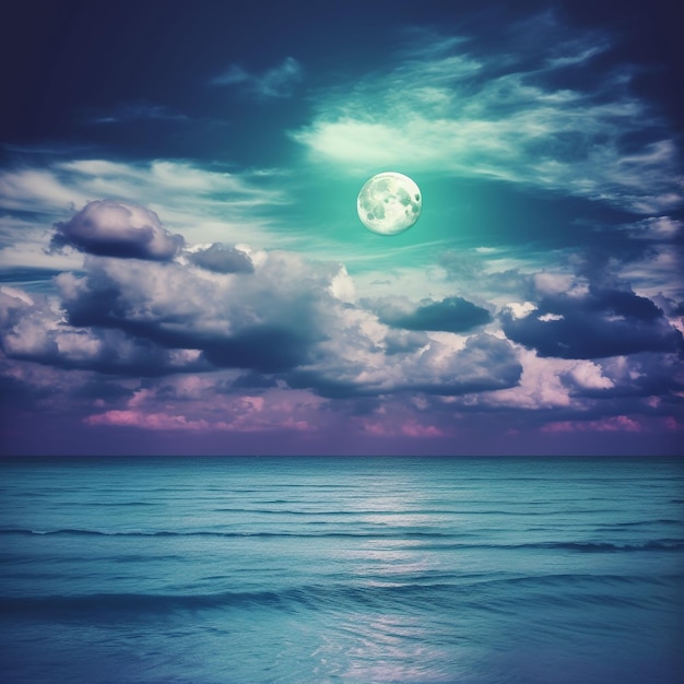 Widok na panoramę morza Kolorowe niebo z chmurą i jasną pełnią księżyca na pejzażu morskim do nocy