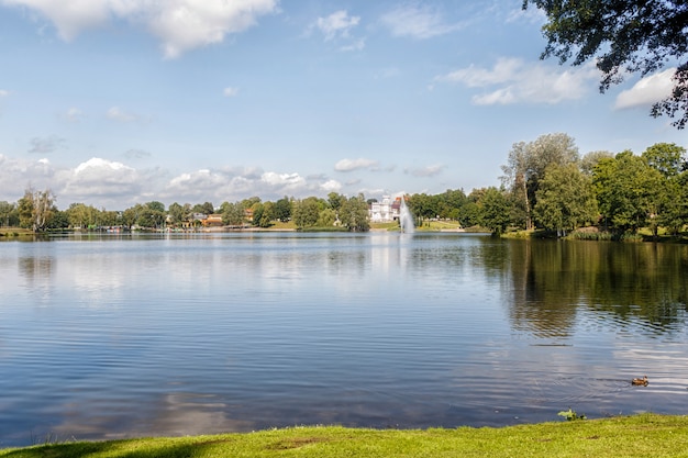 Widok na park miejski i kościół z jeziora