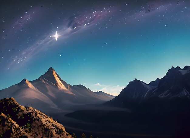 Zdjęcie widok na pasmo górskie z gwiazdą na niebie