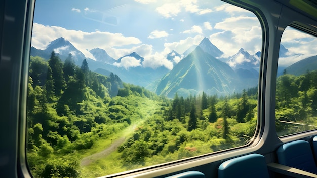 widok na pasmo górskie z okna pociągu Widok z okna pociągu