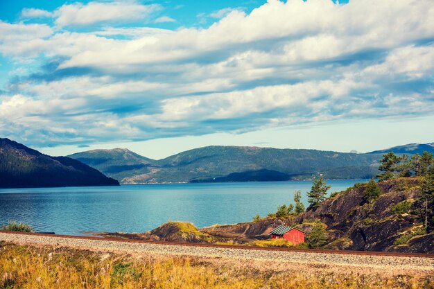 Widok na piękny fiord Piękna przyroda Norwegii