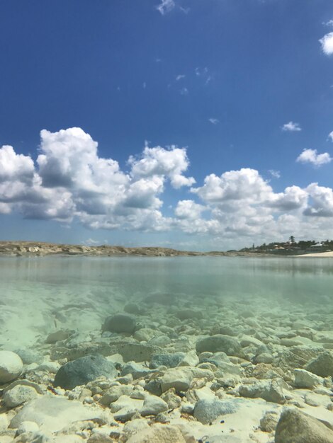 Zdjęcie widok na plażę na chmurnym niebie