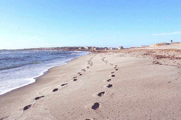 Widok na plażę na tle jasnego niebieskiego nieba