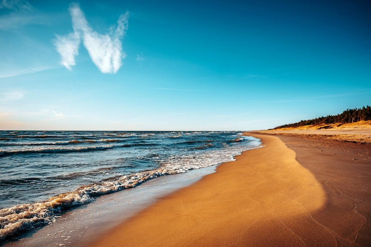 Zdjęcie widok na plażę na tle niebieskiego nieba