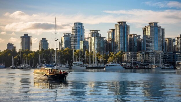 Widok na port Vancouver z miejskimi budynkami mieszkalnymi i łodzią w kanadzie