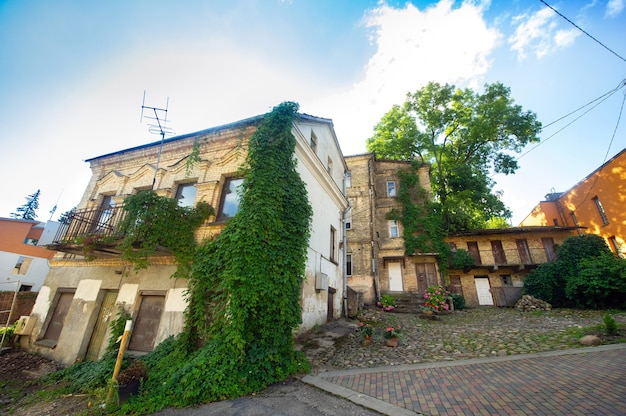 Widok na stary budynek mieszkalny z utwardzoną kostką brukową. Zielone rośliny na domu w Wilnie na Litwie.