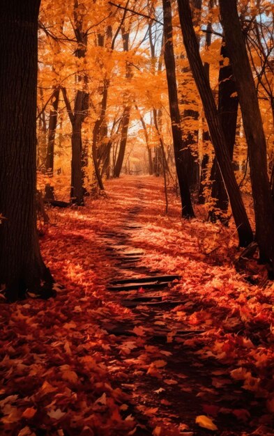 Zdjęcie widok na tętniącą życiem ścieżkę leśną jesienią