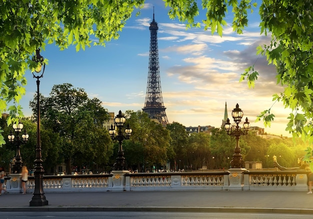 Widok na Wieżę Eiffla z mostu Aleksandra III w Paryżu, Francja