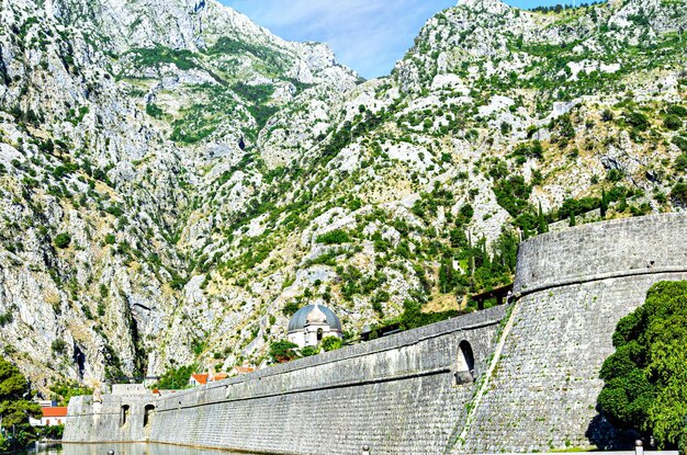 Widok na wieżę Kampana, ścianę starożytnej twierdzy Kotor, pod górami. Czarnogóra.