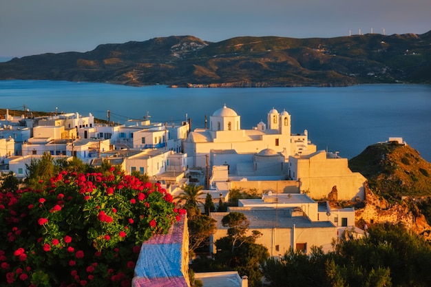 Widok na wioskę plaka na wyspie milos nad czerwonymi kwiatami geranium na zachodzie słońca w grecji