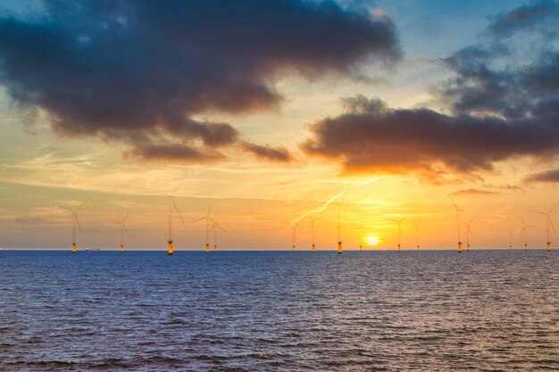 widok na wybrzeże turbin wiatrowych z morskiej stacji wiatrowej o zachodzie słońca