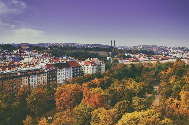 Widok na Wyszehrad w Pradze, Republika Czeska jesienią z katedrą i czerwonymi dachami, podróże sezonowe tło vintage hipster