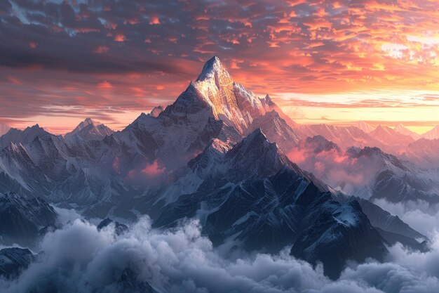 Widok na zachód słońca na Mount Everest z mgłą