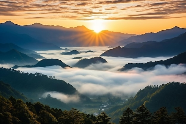 Widok na zachód słońca nad górami z mgłą na podłodze rano w Alishan National Forest