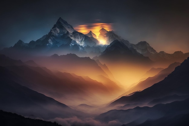 Widok na zachód słońca w Himalajach Mt Everest widoczny przez mgłę