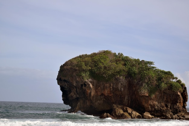 Zdjęcie widok na zdjęcie dużej skały na plaży