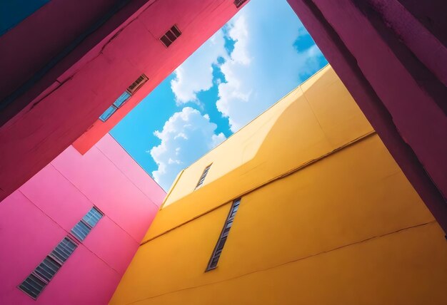 Widok na żywe niebieskie niebo otoczone krawędziami różowych i żółtych budynków