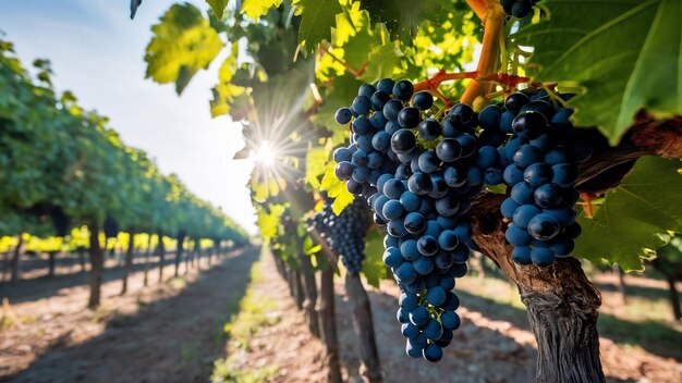 Widok panoramiczny na czarne winogrona rosnące w winnicy oświetlone przez słońce