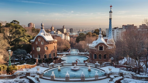 Widok parku Guell w zimnej Barcelonie