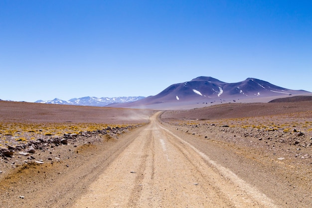 Widok perspektywiczny drogi gruntowej Boliwii, Boliwia. Pustynia Salvadora Dali