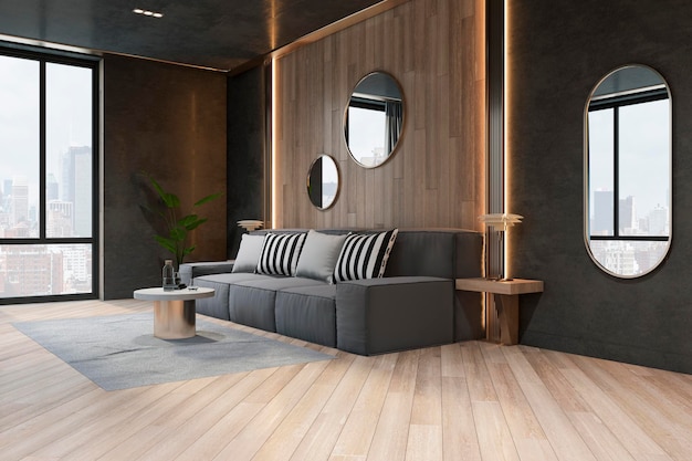 Widok perspektywiczny na przestronny salon z szarym, marmurowym stolikiem kawowym na drewnianej podłodze i widokiem na miasto ze stylowych okien renderowania 3D