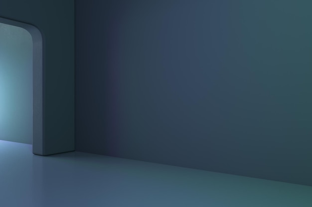 Widok perspektywiczny na rogu w pustym ciemnoszarym pokoju z ledwo oświetlonym wejściem i pustą ścianą z miejscem na logo lub tekst makieta renderowania 3D