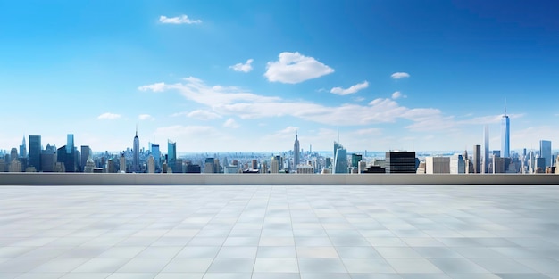 Widok perspektywiczny pustej podłogi i nowoczesnego budynku na dachu ze sceną pejzażową