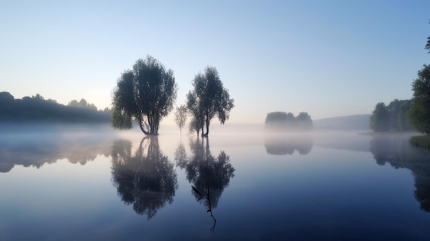 Widok pięknego krajobrazu lasu sosnowego i jeziora z poświatą słońca i mgłą nad jeziorem Lakeshore generative AI