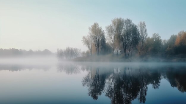 Widok Pięknego Krajobrazu Lasu Sosnowego I Jeziora Z Poświatą Słońca I Mgłą Nad Jeziorem Lakeshore Generative Ai