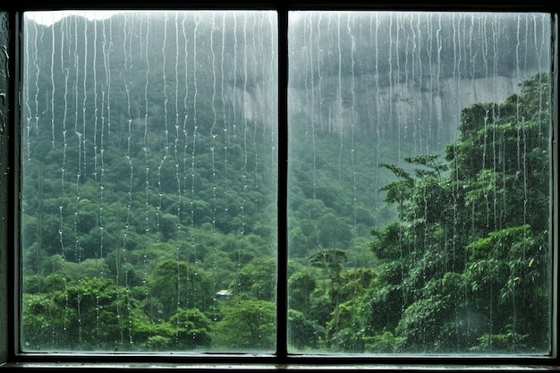 Widok pięknych gór z okna na obraz olejowy w deszczowy dzień