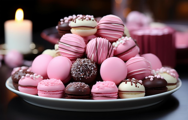 Widok pięknych pysznych czekoladowych cukierków w różnych stylach na talerzu