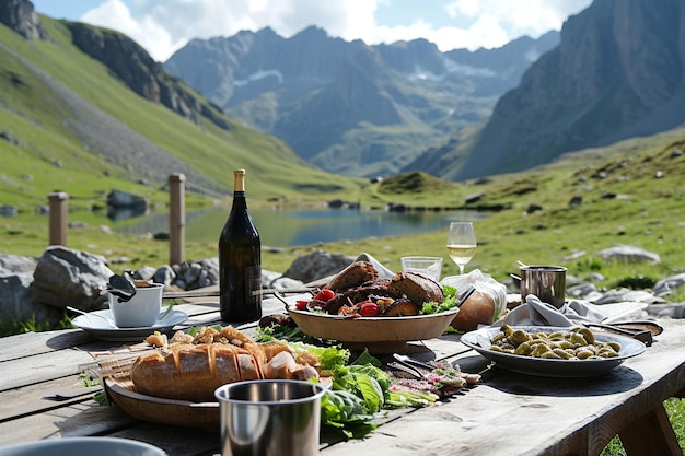Zdjęcie widok pikniku we francuskich górach alpejskich z jeziorem