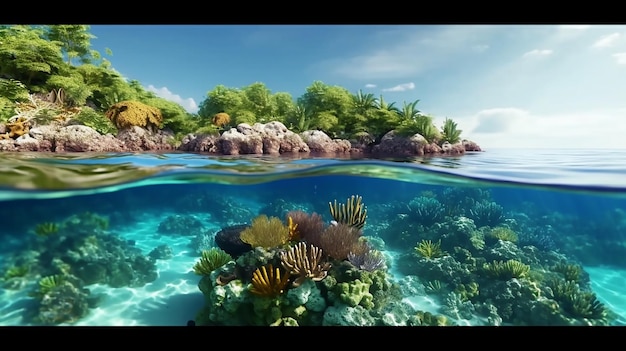 Widok podzielonej tropikalnej wyspy i rafy koralowej z generatywną sztuczną inteligencją linii wodnej