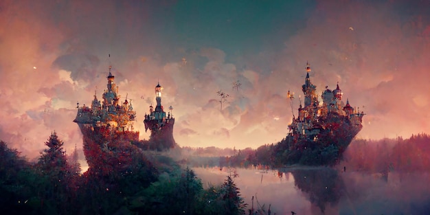 Widok przez piękny czarujący bajkowy las na zamek i żaglowiec, renderowanie 3d.