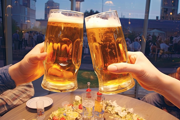 Widok przeznaczone do walki radioelektronicznej z dwoma szklankami piwa w ręku Szklanki piwa stukające w odkrytym barze lub pubie