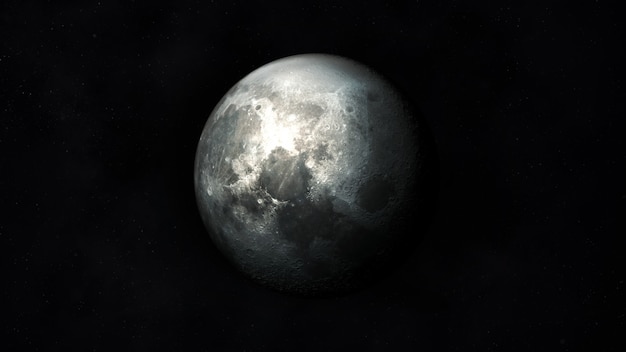 Widok realistycznego księżyca w ciemnoszarych kolorach na tle kosmosu.