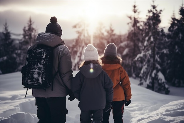 Widok rodziny z plecakami chodzącej po śniegu w zimowym lesie z tyłu Generative AI