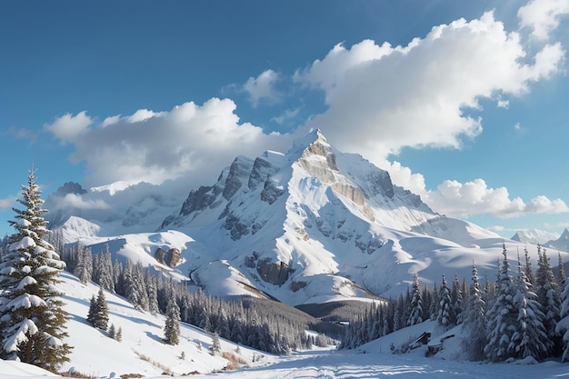 widok śnieżnej góry i sosny na tle niebieskiego nieba