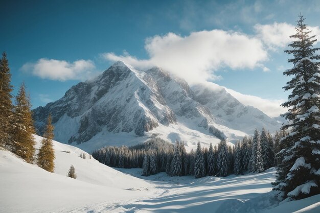 widok śnieżnej góry i sosny na tle niebieskiego nieba