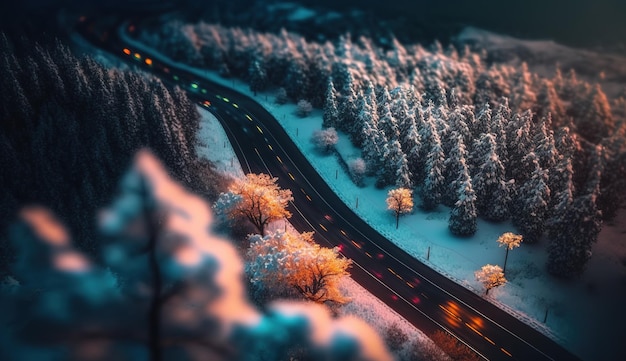 Widok spokojnego krajobrazu leśnego z drogą pośród śniegu Generatywna sztuczna inteligencja