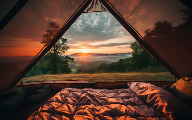 Widok spokojnego krajobrazu z wewnątrz namiotu