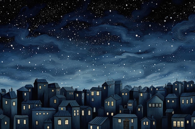 Widok starego miasta w nocy z chmurami i gwiazdami