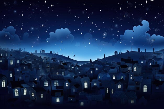 Widok starego miasta w nocy z chmurami i gwiazdami