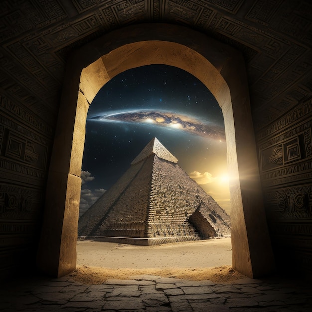 Widok starożytnej piramidy z tajnego przejścia Generative AI