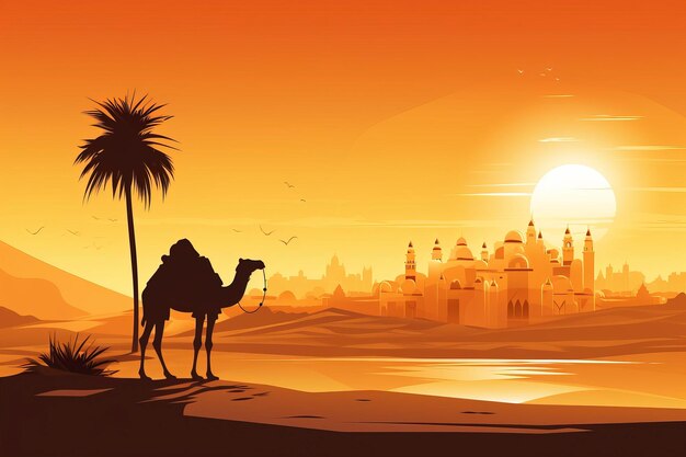 widok świątyni wielbłądów i meczetu na pustyni z pięknym słońcem na tle