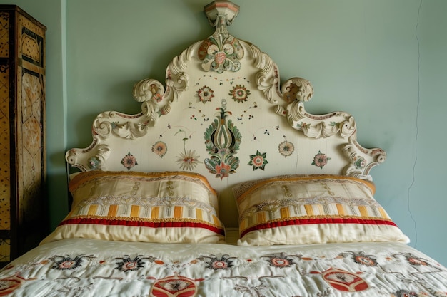 Zdjęcie widok sypialni z ozdobną główką i haftowaną pościelą