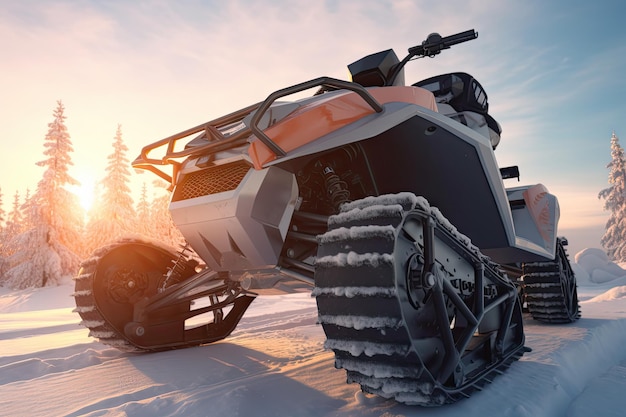Widok szczegółu bocznego POV zbliżenie quada pojazdu terenowego zaparkowanego na torze zaspy śnieżnej w słoneczny śnieżny zimowy poranek na tle jasnego nieba ATV przygoda sport ekstremalny Przyroda wycieczka po kraju